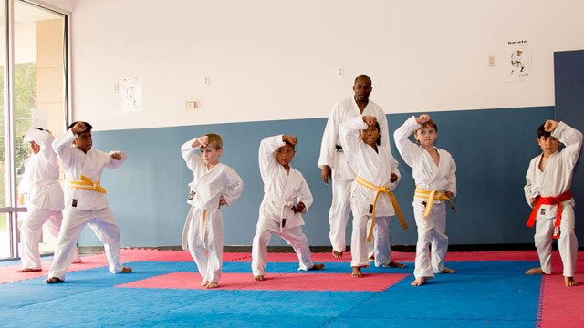 Group of age 5 to 8 year old Houston karate students in Meyerland.